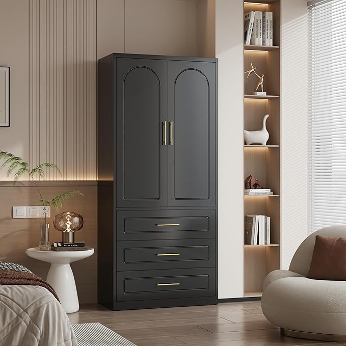 71" Tall Metal Armoire Wardrobe Closet witih Three Drawers, Large Wardrobe Cabinet with Hanging Rod, Clothing Storage Cabinet with Doors and Shelves for Bedroom, Black, Assemble Required