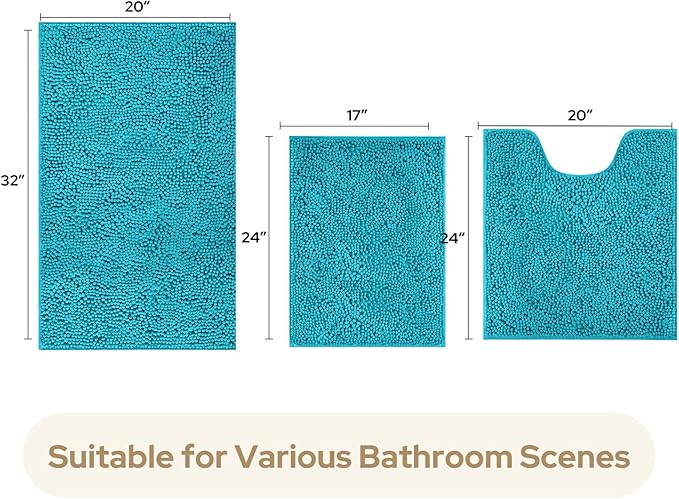 HOMEIDEAS 3 Pieces Bathroom Rugs, Extra Large Ultra Soft Non Slip Absorbent Chenille Toilet Bath Mat Set (Teal Blue)