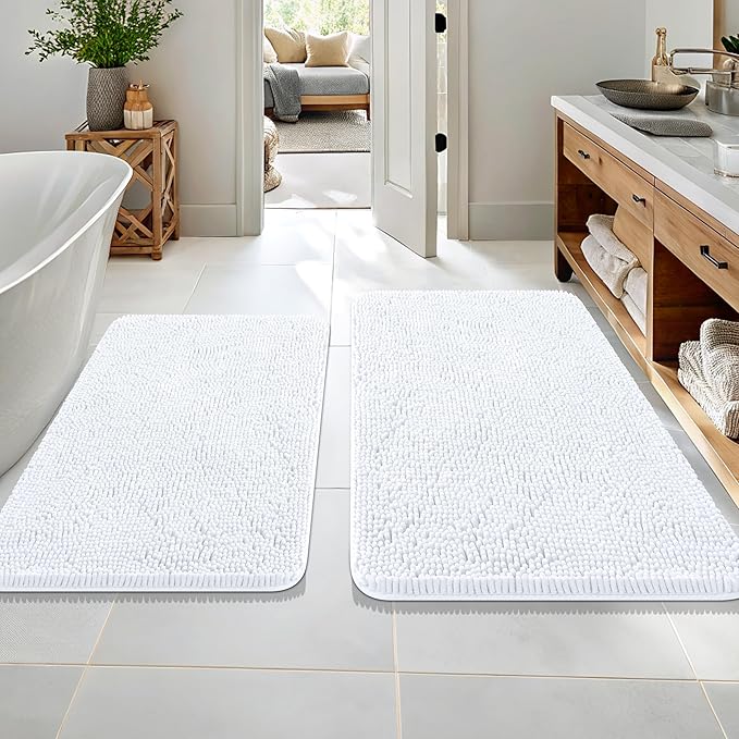 OLANLY Bathroom Rugs Sets 2 Piece, Soft Absorbent Chenille Bath Mats Area Rug Set, Non-Slip, Quick Dry, Machine Washable Bath Mats for Bathroom, Home Decor Accessories (36"x24"+30"x20", White)