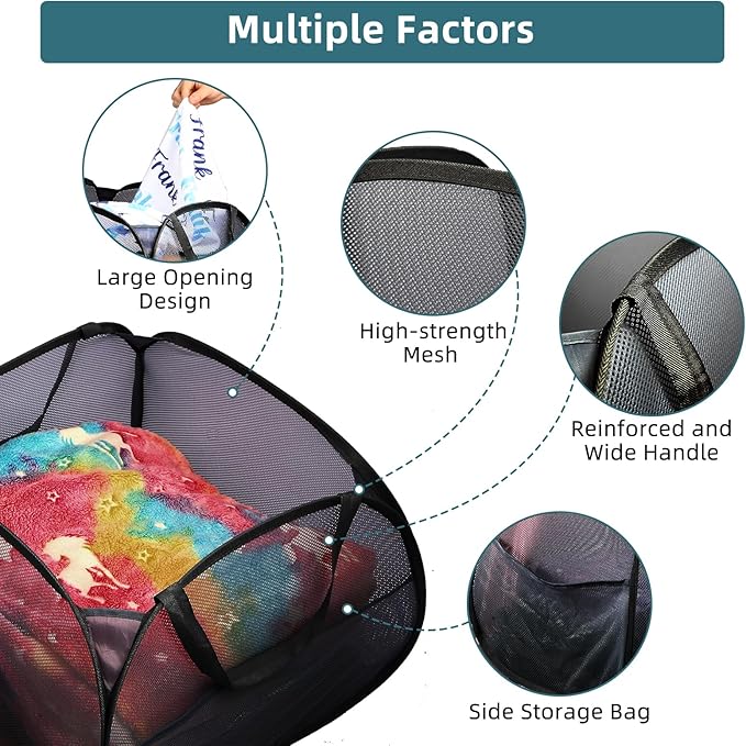 2 Pack Collapsible Laundry Baskets, 90L Large Foldable Laundry Basket, Durable Mesh Pop Up Hampers for Laundry, Dirty Clothes Laundry Hamper for Bedroom, Bathroom, Dorm, Laundry Room, Travel Black