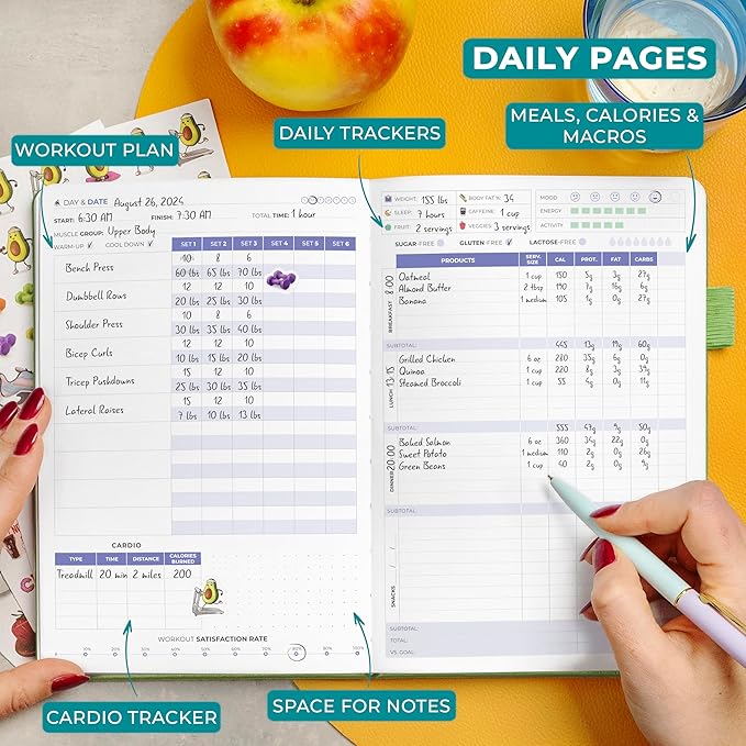 Clever Fox Fitness and Food Journal Premium – Guided Daily Workout, Meal & Weight Loss Tracker for Women & Men – Exercise Diet Planner (Apple Green)