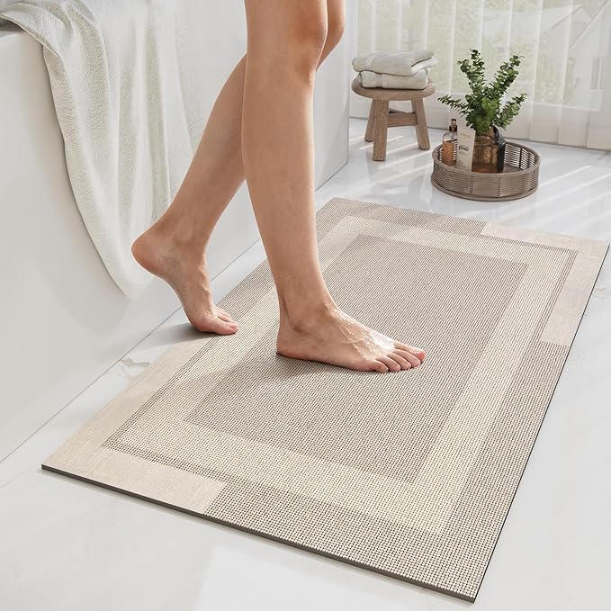 Non Slip Bath Mat, Rubber Backing Ultra Thin Bathroom Rugs Fit Under Door Quick Dry Super Absorbent Washable Bath Rug Shower Mat for Bathroom Floor Bathtub Shower Sink, Easy Care Beige 16"x 24"