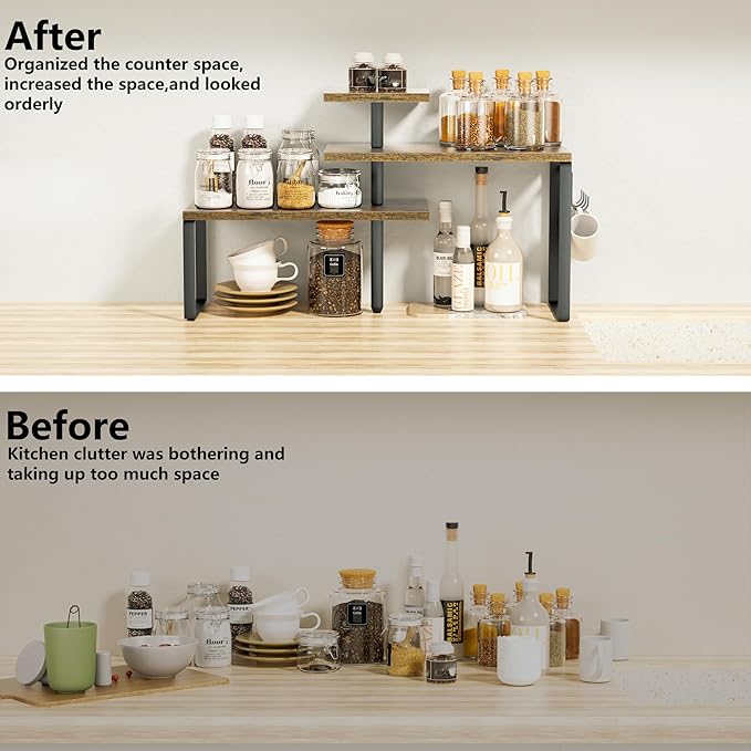 Alsonerbay Kitchen Organizer Countertop Kitchen Organization,3 Tier Corner Shelf Organizer with Removable Hooks for Coffee Station, Bathroom Counter (Rustic Brown)
