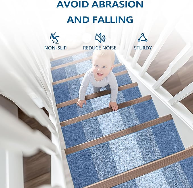 OLANLY Stair Treads Non Slip 15PCS, 8" x 30" Indoor Stair Runners for Wooden Steps, Edging Stair Rugs with Reusable Peel and Stick Adhesive for Kids Elders and Pets, Light Blue