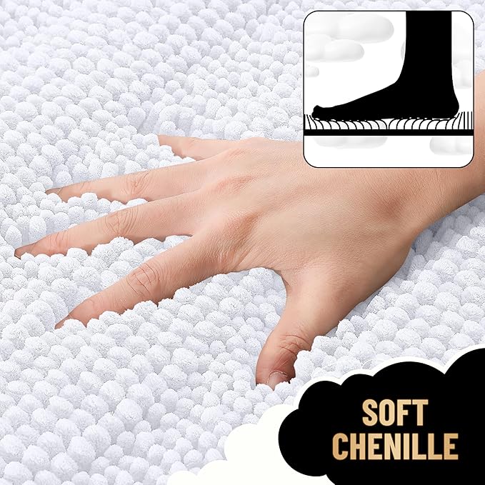 OLANLY Thick Bathroom Rugs 44x24, Extra Soft Absorbent Chenille Striped Bath Rugs, Rubber Backing, Machine Wash Dry, Bath Mats for Bathroom Floor, Tub and Shower, Home Decor Accessories, White