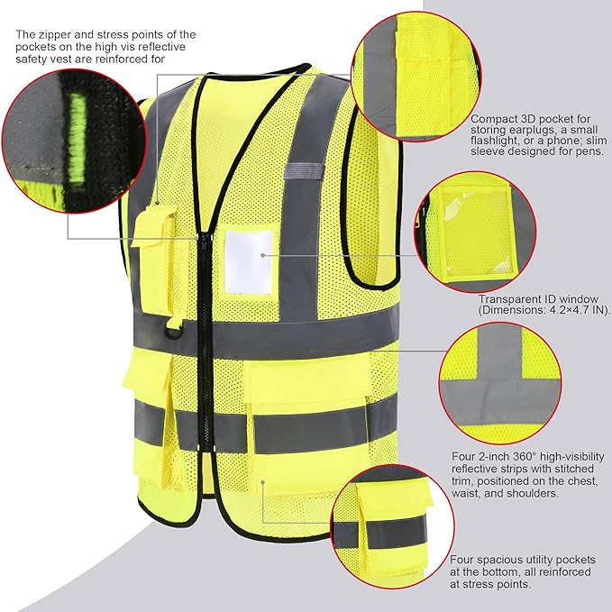 High Vis Safety Vest Reflective Strips, Multi-Pocket Design, Available in Yellow,Orange,black,Pink,blue,Red,purple