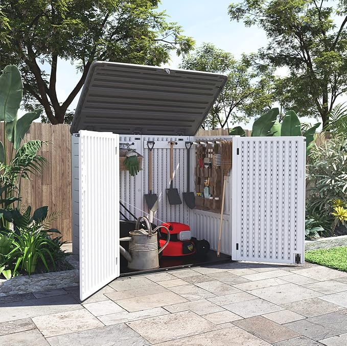 KINYING Larger Outdoor Storage Shed Weather Resistance, Horizontal Outdoor Storage Box Waterproof for Garden, Patios, Backyards, 48 Cu.ft Capacity for Garbage Cans, Lawn Mower, Garden Tools
