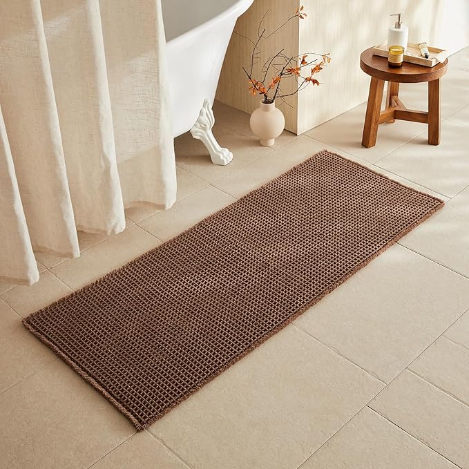Waffle Runner Rug Bathroom, Long Boho Bathroom Rugs Non Slip Washable Super Absorbent Quick Dry Farmhouse Bath Decor, 60"x24" Mocha