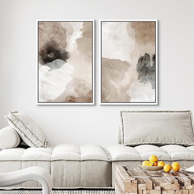 MUDECOR Framed Canvas Print Wall Art Watercolor Brown White Black Collage Abstract Shape Illustrations Modern Art Decorative Bohemian Colorful Chic for Living Room, Bedroom, Office - 24"x36"x2 White