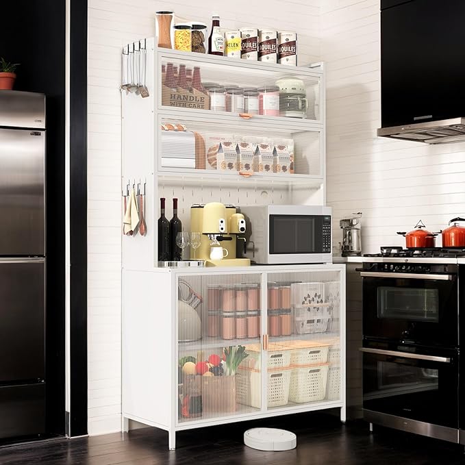 73'' Tall Kitchen Pantry Cabinet, 6 Level Flip Door with Pegboard Metal Pantry Storage Cabinet, Anti-Tip Design Hutch for Kitchen Dining Room Living Room, White