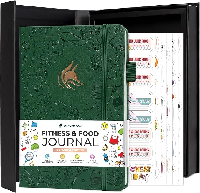 Clever Fox Fitness and Food Journal Premium – Guided Daily Workout, Meal & Weight Loss Tracker for Women & Men – Exercise Diet Planner (Forest Green)