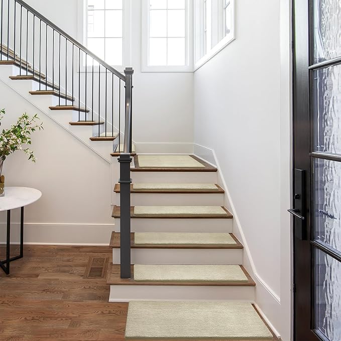PURE ERA Carpet Stair Treads Ultra Plush 8" X 30" Soft Indoor Stair Protectors Pet-Friendly Non-Slip Skid Resistant Tape Free Washable Reusable (2 Pieces, Beige)