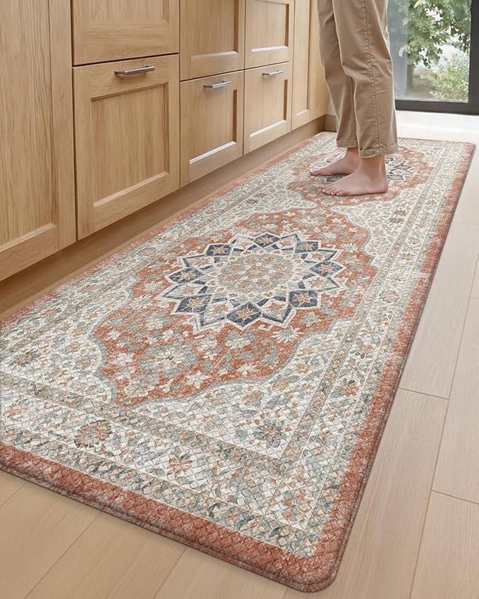 DEXI Kitchen Floor Mats Anti Fatigue, 23x59 Large Cushioned Vintage Runner Rug Waterproof, Standing Comfort Memory Foam Padded for Front Sink Laundry Office, Orange and White