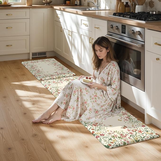 KIMODE Anti Fatigue Mats for Kitchen Floor, Farmhouse Kitchen Rugs Sets of 2, Non Slip Kitchen Mats for Floor, Cushioned Standing Mat for Sink Laundry Office Desk Beige 17"x59"+17"x29"