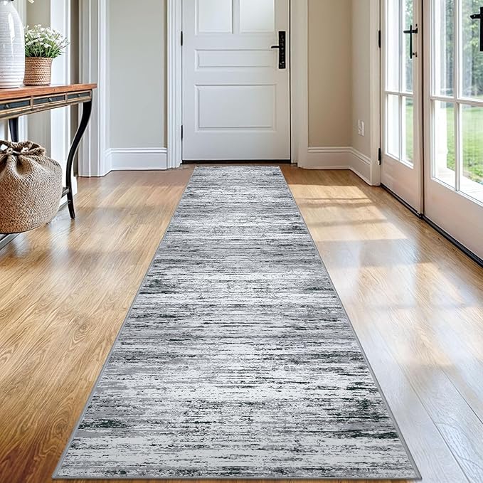Modern Abstract Runner Rug 2x12, Black Grey White Washable Long Kitchen Runner Non-Slip Soft Hallway Rug Runner Thin Print Faux Wool Carpet for Entryway Bedroom Laundry Room Indoor Home Decor