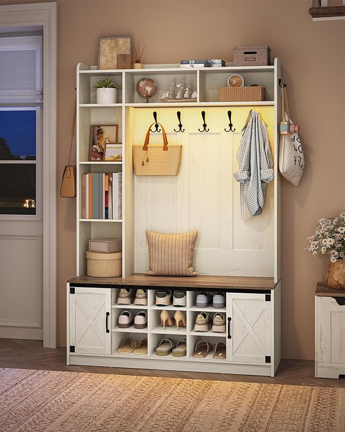 47.2" Hall Tree, LED Farmhouse Entryway Storage and Coat Rack Wood, Entryway Furniture with 7 Hooks, Hall Tree with Bench and Storage, 6 Storages Partitions Shoe Bench, Rustic White HT24614X