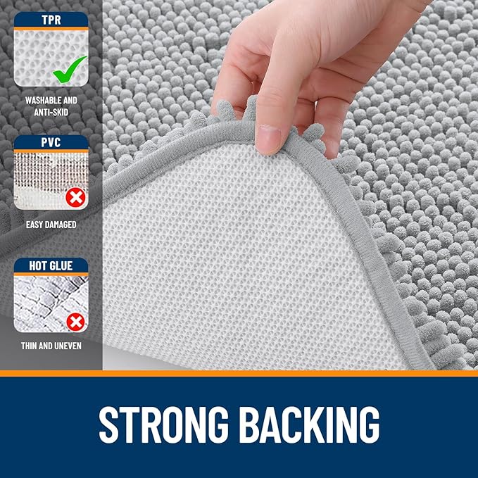 OLANLY Bathroom Rugs Sets 2 Piece, Soft Absorbent Chenille Bath Mats Area Rug Set, Non-Slip, Quick Dry, Machine Washable Bath Mats for Bathroom, Home Decor Accessories (47"x20"+24"x16", Light Grey)