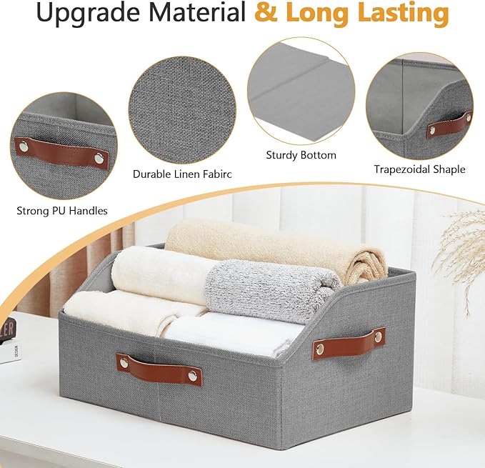 Closet Organizers and Storage, Linen Trapezoid Storage Bins with Handles, Collapsible Shelf Organizer for Blanket, Towel, Clothes, Hats, Purse (Gray)
