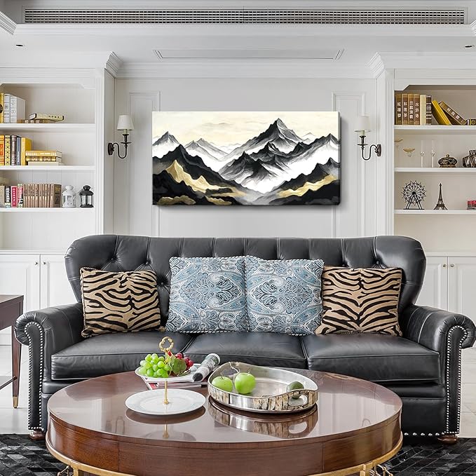 amatop Abstract Mountain Wall Art, Large Modern Canvas Print - Black White and Gold Landscape Nature Picture, Horizontal Inspirational Artwork for Living Room, Office, Bedroom and Bathroom Wall Decor (48x24 Inch)