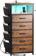 EnHomee Tall Night Stand with 5 Drawers, LED Nightstand with Ports & Outlets, Bedside Table with Extra Side Bag & Storage Shelf & Hooks, Bedroom, Dorm, Closet