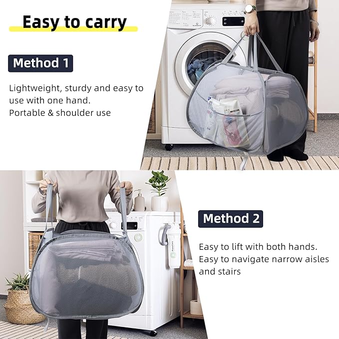Collapsible Laundry Basket, 90L Foldable Pop-up Laundry Hamper with Handles, Mesh Dirty Clothes Hamper for Laundry, Bathroom, Kids Room, Dorm,Travel or Camping (White)