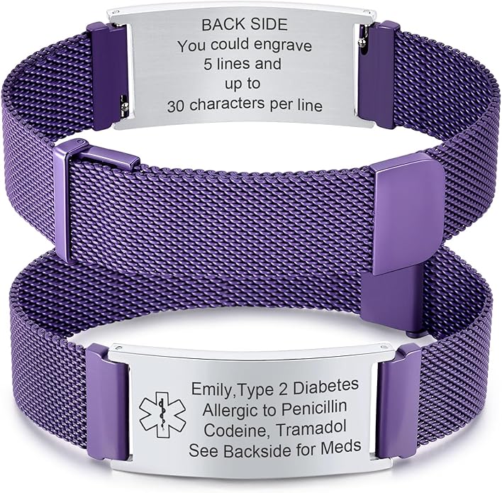 VNOX Medical Alert Id Bracelet for Men Women, Custom Engraving Adjustable Stainless Steel Customizable Mesh Emergency Survival Medic Bracelets Wristband Loop Band with Replacement Tag