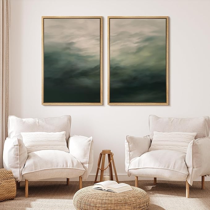 MUDECOR Framed Canvas Print Wall Art Dark Green Abstract Misty Landscape Moody Illustrations Modern Art Decorative Chic for Living Room, Bedroom, Office - 24"x36"x2 Natural