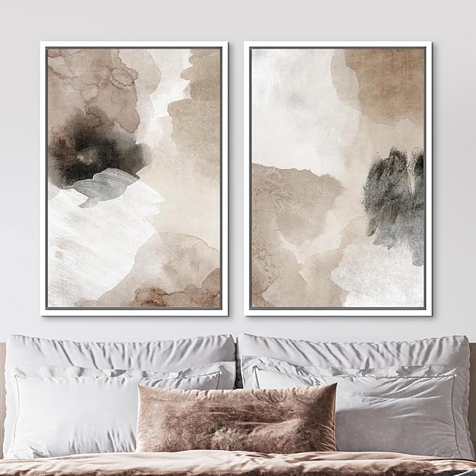 MUDECOR Framed Canvas Print Wall Art Watercolor Brown White Black Collage Abstract Shape Illustrations Modern Art Decorative Bohemian Colorful Chic for Living Room, Bedroom, Office - 16"x24"x2 White