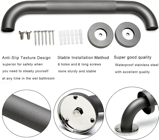 Shower Grab Bar, 2 Pack 16 Inch Gray Bathroom Grab Bar, 1.25" Diameter 304 Stainless Steel Anti-Slip Grab Bars for Bathtubs and Showers, Handicap Shower Grab Bar for Seniors Elderly