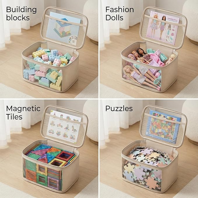 holay Clear Toy Storage Bags with Handle, 4 Pack Playroom Storage Organizer Bins Kids Toys, Board Games, Busy Bags, and Homeschool Supplies –Transparent PVC with Reinforced Base(Brown, Small)