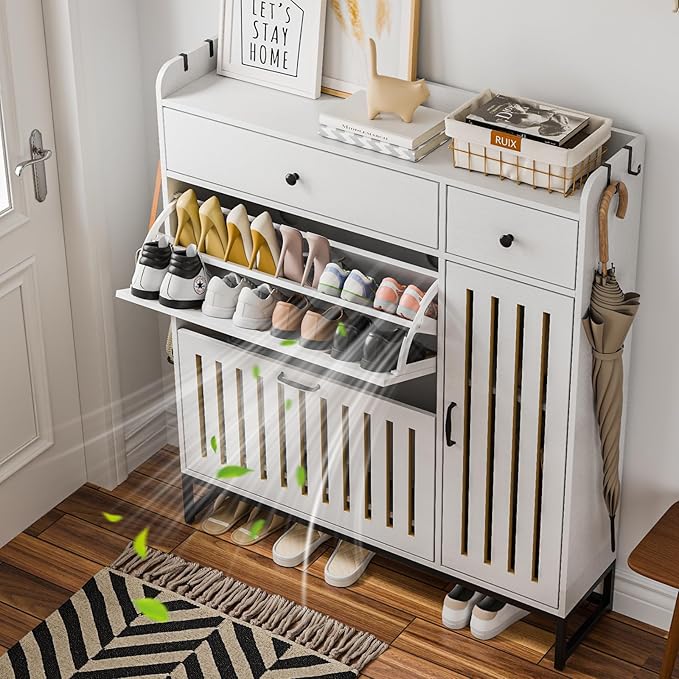 Shoe Cabinet with 2 Flip Cabinets & Side Cabinet, Shoes Cabinet with Adjustable Shelves, Shoe Storage Organizer for Entryway, Hallway Living Room, Space-Saving, White