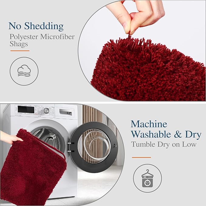 Walensee Contour Rug (20x24, Red) Non Slip Bath Mat, Soft Microfiber Shaggy Mat, Machine Washable, U Shape Toilet Rug