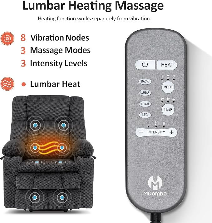 MCombo Dual Motor Large Power Lift Recliner Chair for Elderly, Lay Flat Lift Chair with Heat and Massage, Big Lift Recliner for Tall People, Cup Holders, Fabric 7896 (Large, Dark Gray)