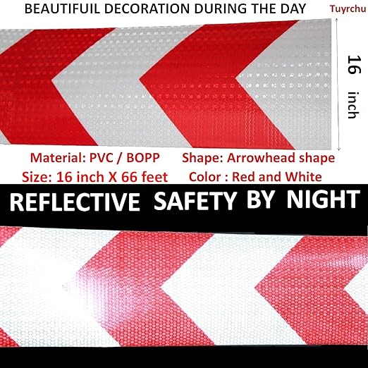 Red White Reflective Tape Outdoor Waterproof 16 inch, High Visibility Hazard Conspicuity Safety Marking Tape (66 feet)