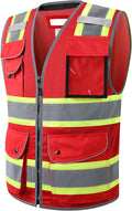 JKSafety 11 Pockets Hi-Vis Black Mesh Safety Vest for Men Women High Visibility Reflective Construction with Zipper Work Utility PPE Work Gear ANSI/ISEA compliant (102-Red L)