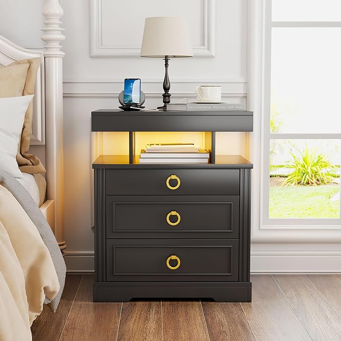 Gurexl Farmhouse Night Stand with Lockable Gun Drawer,LED Nightstand with Charging Station,Bedside Table with Human Sensor 3-Color Lights,End Table with 3 Drawers,Bedroom,Black