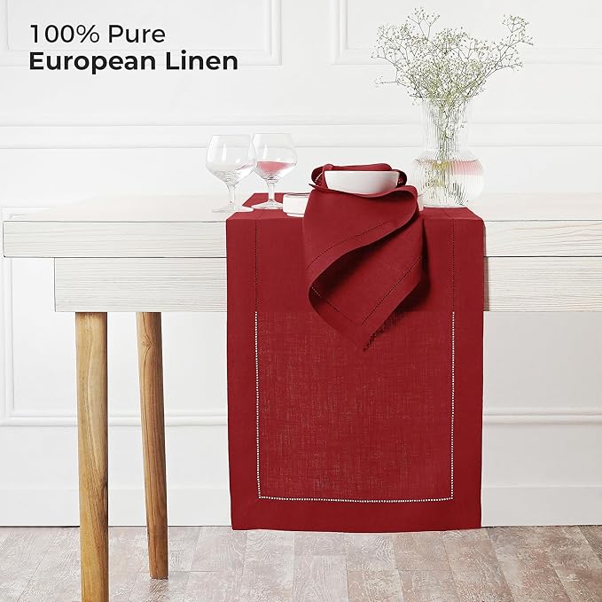 D'Moksha Homes Linen Red Table Runner 108 Inches Long - 100% Pure Linen 14 x 108 Inch Table Runner for Valentines, Spring - Classic Hemstitch