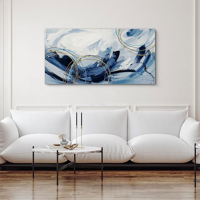 yiijeah Large Canvas Wall Art for Living Room - Blue and White Abstract Picture Framed Artwork for Walls Bohemian Minimalism Prints Paintsings Wall Decor for Office Bedroom 40x20 Inches