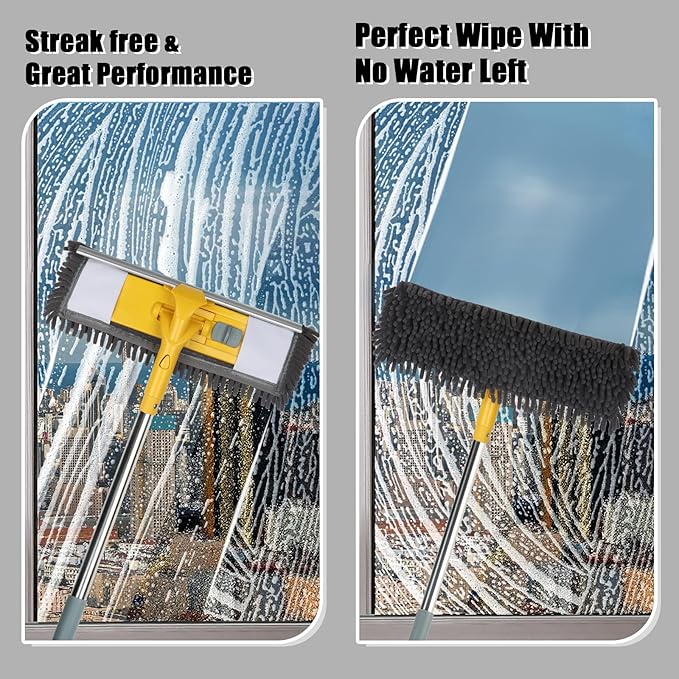 96" Long Handle Window Wall Cleaner Tool with Extension Pole,2 in 1 Large Window Squeegee with Cleaning Mop Tools Kit for Window/Wall/Baseboard/Floors Clean/Solar Panel Washer