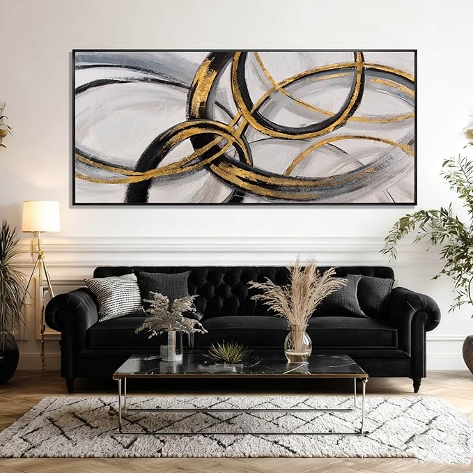 Black and Gold Line Wall Art Abstract Wall Decor Neutral Canvas Posters 32"x70" Large Framed Art for Living Room Office Pictures