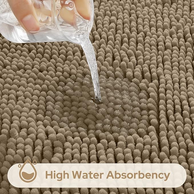 HOMEIDEAS 3 Pieces Bathroom Rugs, Ultra Soft Non Slip Absorbent Chenille Toilet Bath Mat Set (Taupe)