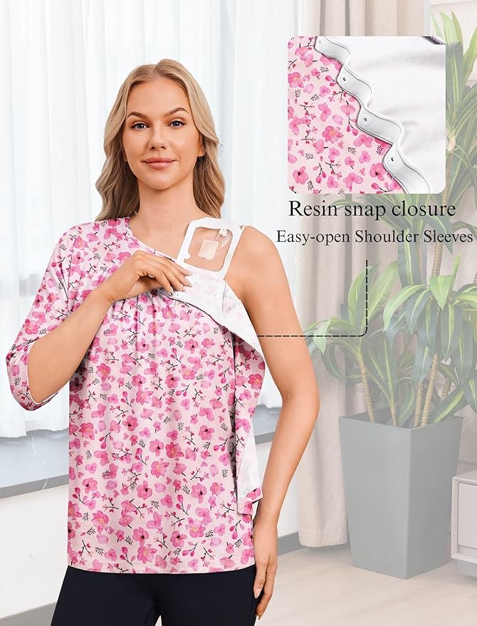 Deyeek Post Shoulder Surgery Shirt for Women Chemo Tear Away Shirt Snap Button 3/4 Sleeve Recovery Adaptive Clothing
