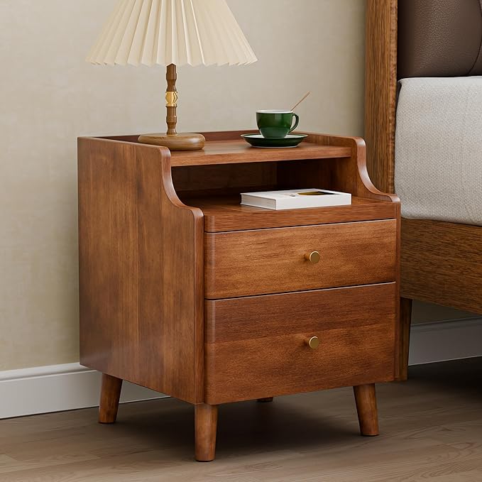 Nightstand with Drawers, Pre-Assembled, 19.7" H Natural Solid Wood Night Stand with Open Sliding Shelf, Mid Century Modern Small Bedside Table Cabinet for Bedroom, End Side Table, Walnut