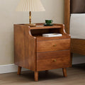 Nightstand with Drawers, Pre-Assembled, 19.7" H Natural Solid Wood Night Stand with Open Sliding Shelf, Mid Century Modern Small Bedside Table Cabinet for Bedroom, End Side Table, Walnut