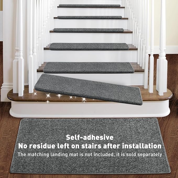 PURE ERA Bullnose Carpet Stair Treads Set Tape Free Non-Slip Indoor Stair Protectors Pet Friendly Rugs Covers Soft Skid Resistant Washable Reusable 9.5" x 30"(2 Pieces,Dark Gray)