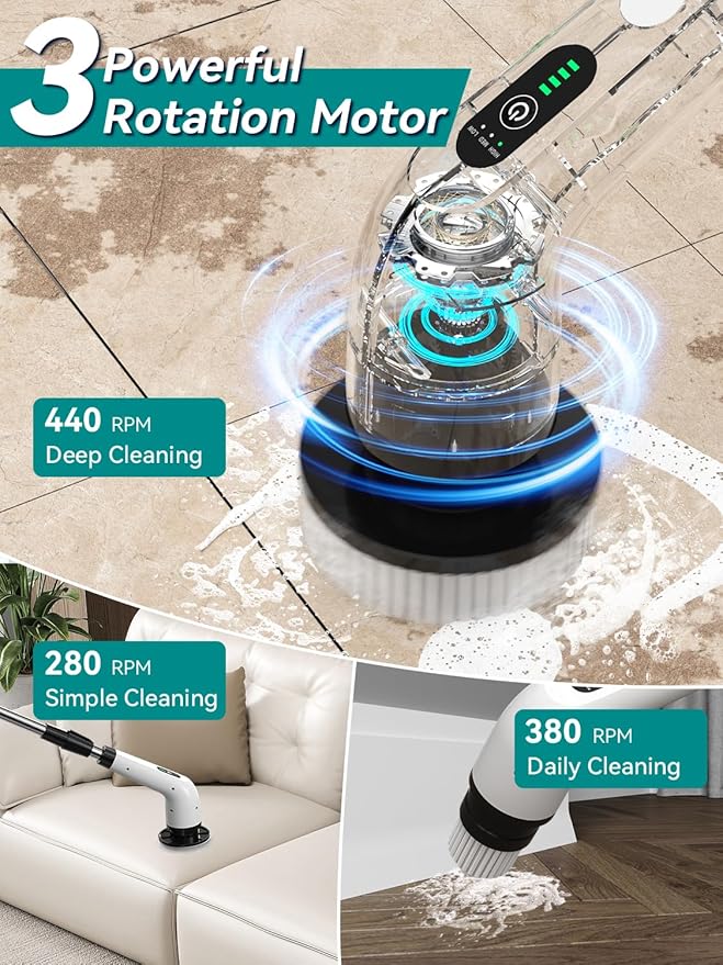 3-Speed Electric Spin Scrubber for Bathroom, 120Mins Runtime, Cordless Power Cleaning Brush with 8 Brush Heads, 3000mAh Shower Scrubber with Long Handle, Floor Scrubber, Grout Brush Bathtub Cleaning