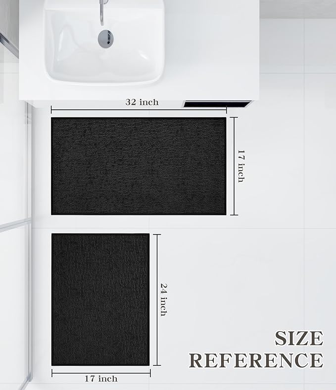 Chakme 2 Piece Bathroom Rug Sets, Ultra Thin Bath Mat, Absorbent, Non Slip, Machine Washable, Black, 17" x 24" / 17" x 30" / 17" x 59"