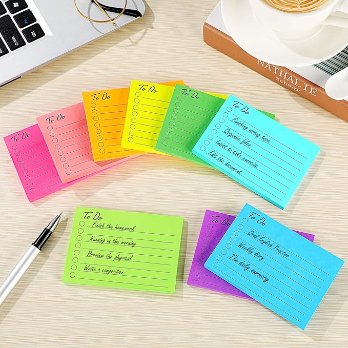 Pajean 9 Pcs/450 Sheet to Do List Sticky Note 3x4 Inch Self Stick Pads with Line Colored Planner Sticky Note Adhesive Memo for Office, Meeting, School, Study, Home Reminder (Fluorescent Color)