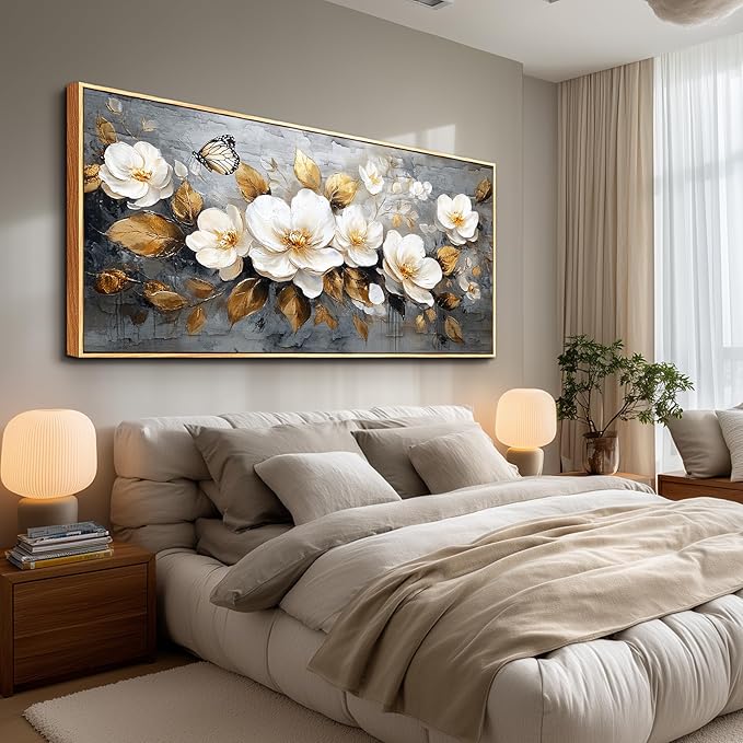 FUHAIHUA Wood Framed Canvas Wall Art For Living Room Large Wall Decor For Office Bedroom Decoration White Flower Pictures Farmhouse Painting Artwork Room Wall Mural Aesthetic Home Decor 32x72