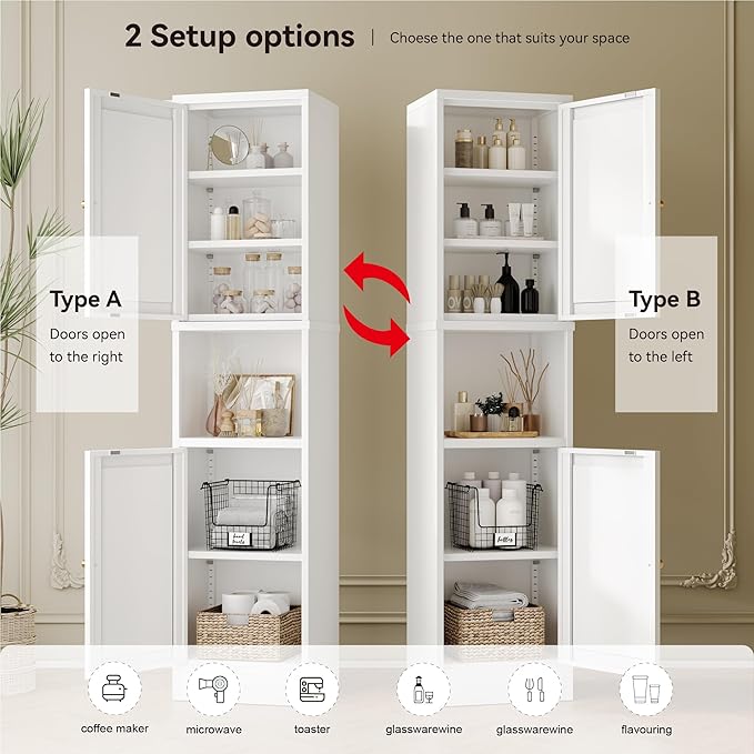 2-Door Metal Storage Cabinet, Tall Slim Pantry Organizer with 3 Adjustable Shelves (120LBS/Shelf), Anti-Tipping Waterproof Cabinet for Bathroom/Kitchen/Home Office/Small Spaces, (1PC,White)
